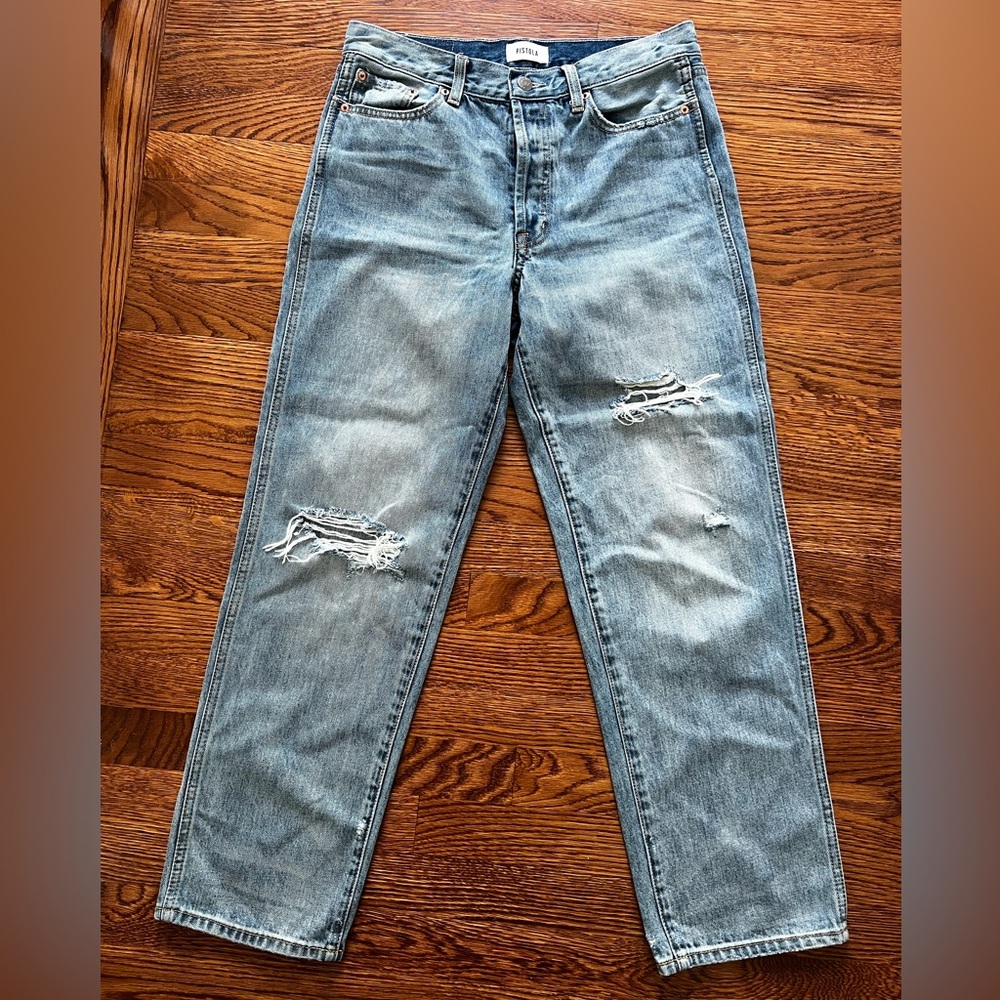 PISTOLA Blue Denim Jeans Distressed Button Fly High Rise Retro Relaxed 26